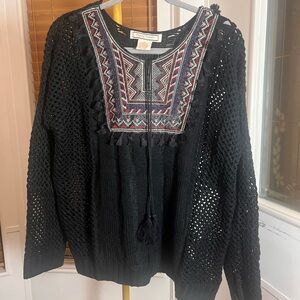 Flying Tomato Black Crochet Blouse with Multicolor Embroidery
